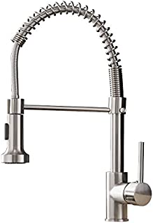 OWOFAN Kitchen Faucets Low Lead Commercial Solid Brass Single Handle Single Lever Pull Down Sprayer Spring Kitchen Sink Faucet, Brushed Nickel