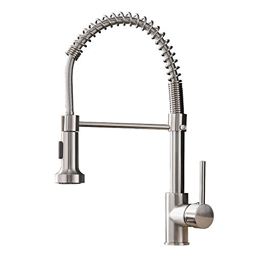 OWOFAN Kitchen Faucets Low Lead Commercial Solid Brass Single Handle Single Lever Pull Down Sprayer Spring Kitchen Sink Faucet, Brushed Nickel