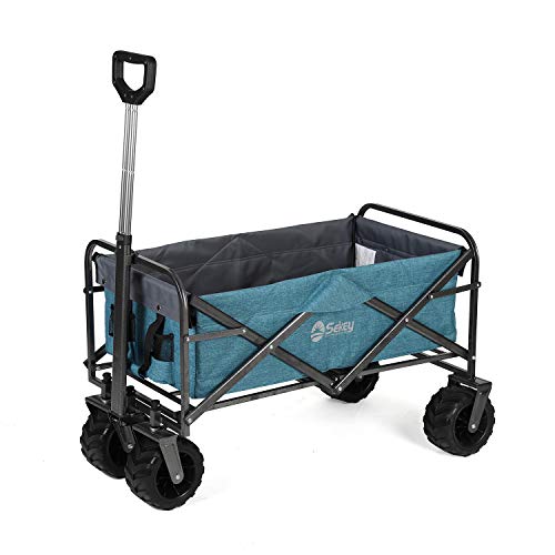 Sekey Folding Wagon Cart Collapsible Outdoor Utility Wagon Garden Shopping Cart Beach Wagon with All-Terrain Wheels, 176 Pound Capacity, Light Blue