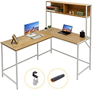 Gome L-Shaped Corner Desk with Hutch - Reversible Computer Writing Desk with Storage Shelves, Large PC Study Desk with Bookshelf, Modern Work Desk Gaming Table for Home Office, Space Saving (Natural)
