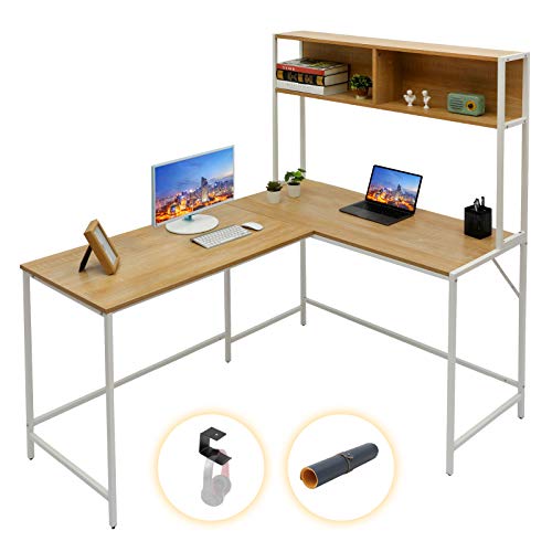Gome L-Shaped Corner Desk with Hutch - Reversible Computer Writing Desk with Storage Shelves, Large PC Study Desk with Bookshelf, Modern Work Desk Gaming Table for Home Office, Space Saving (Natural)