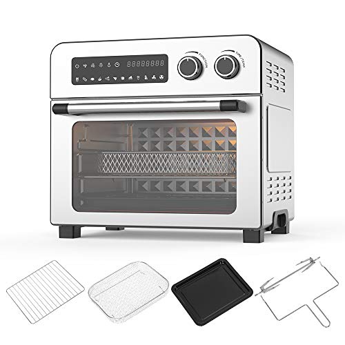 Air Fryer Oven Toaster Oven  10 in 1 Combo, Convection Roaster with Rotisserie & Dehydrator, 24 QT 1700W for Large Family, Original Recipe and Accessories Included, LED Touch Screen, FDA Stainless Steel. (Silver 24QT 1700W with LED TouchScreen)