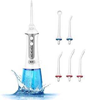 Cordless Water Flosser Professional Dental Oral Irrigator, Portable & Rechargeable 300ML Water Flossers Teeth Cleaner IPX7 Waterproof with 6 Interchangeable Jet Tips for Home and Travel