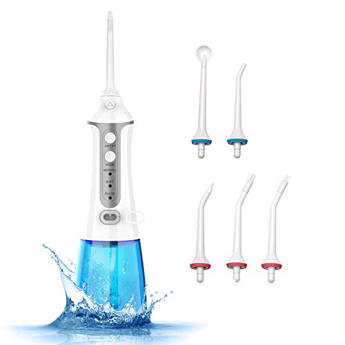 Cordless Water Flosser Professional Dental Oral Irrigator, Portable & Rechargeable 300ML Water Flossers Teeth Cleaner IPX7 Waterproof with 6 Interchangeable Jet Tips for Home and Travel