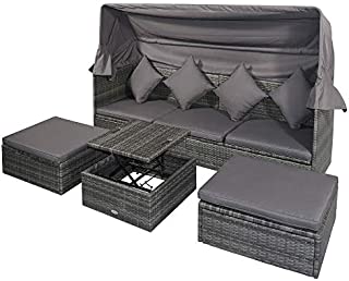 Outsunny 4 Piece Outdoor Rattan Wicker Sofa Set Adjustable Canopy & Coffee Table Sectional Patio Conversation Furniture Set w/Cushions Grey