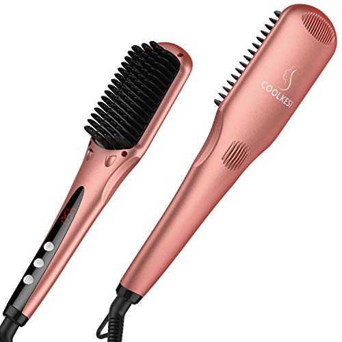 COOLKESI Ionic Hair Straightener Brush, Anti-Scald Straightening Brush with Fast MCH Ceramic Heating, Adjustable Temperatures, Auto-Off & Dual Voltage, Portable Straightening Comb