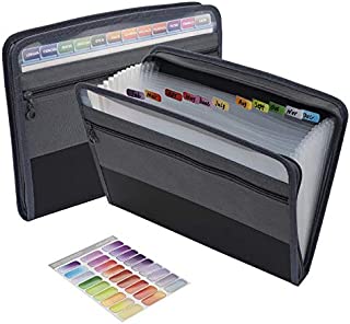 Sooez Expanding File Folder with Sticky Labels, 13 Pocket Accordion File Folder Document Organizer Expanding Zip File Folder with Zipper ClosureLetter A4 Paper Document Accordion Folder, Black