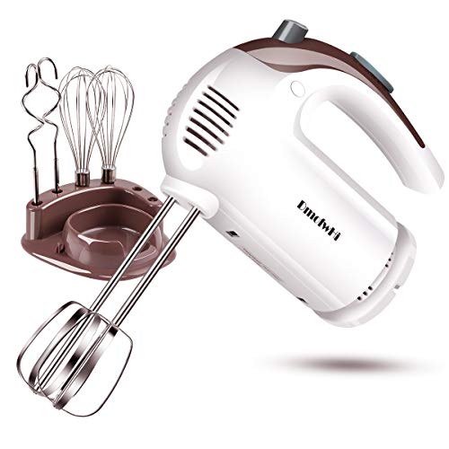 DmofwHi 5 Speed Hand Mixer Electric, 300W Ultra Power Kitchen Hand Mixers with 6 Stainless Steel Attachments (2 Wired Beaters,2 Whisks and 2 Dough Hooks) and Storage Case