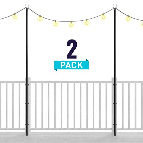 Holiday Styling: String Light Poles for Deck Fence or Patio - Hang Backyard LED or Solar Outdoor Lights w Pole + Bracket Kit Secured to Your Railing (2 x 110 inches) - Great Plant Hanger