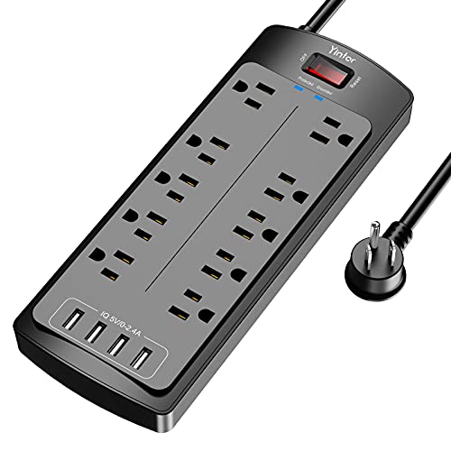 Power Strip with 8 Ft, YINTAR Surge Protector with 10 Outlets and 4 USB Ports, 8 Feet Flat Plug Extension Cord (1875W/15A) for for Home, Office, Dorm Essentials, 2100 Joules, ETL Listed, - Black