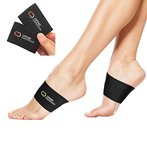 Copper Compression Copper Arch Support - 2 Plantar Fasciitis Braces/Sleeves. Guaranteed Highest Copper Content. Foot Care, Heel Spurs, Feet Pain, Flat Arches (1 Pair Black - One Size Fits All)