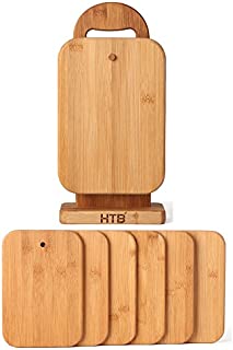 HTB 6 Piece Bamboo Cutting Board Sets with Stand Holder for Chopping Cheese, Sandwich, Fruit