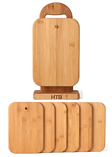 HTB 6 Piece Bamboo Cutting Board Sets with Stand Holder for Chopping Cheese, Sandwich, Fruit