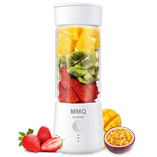 Portable Blender, MMQ Personal Size Glass Juicer Cup, Fruit Shake, Smoothies Mixer with 2000mAh USB Rechargeable Battery, 3D Six Blades, 410ML (White)