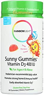 Rainbow Light - Sunny Gummies Vitamin D3 400 IU, Support for Healthy Bones, Muscles, and Immunity in a Family-Friendly Chewable with Vitamin D3, Soy-Free, Gluten-Free, Tangy Tangerine, 60 Gummy Drops