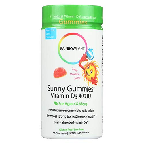 Rainbow Light - Sunny Gummies Vitamin D3 400 IU, Support for Healthy Bones, Muscles, and Immunity in a Family-Friendly Chewable with Vitamin D3, Soy-Free, Gluten-Free, Tangy Tangerine, 60 Gummy Drops