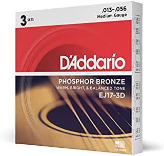 DAddario EJ17 Phosphor Bronze Acoustic Guitar Strings, Medium (3 Pack)  Corrosion-Resistant Phosphor Bronze, Offers a Warm, Bright and Well-Balanced Acoustic Tone and Comfortable Playability