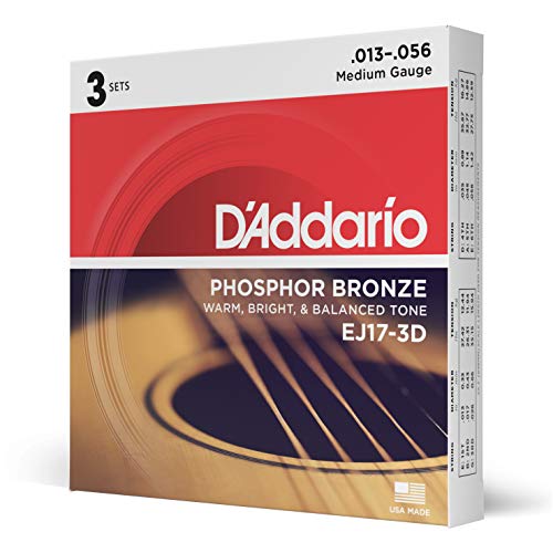 DAddario EJ17 Phosphor Bronze Acoustic Guitar Strings, Medium (3 Pack)  Corrosion-Resistant Phosphor Bronze, Offers a Warm, Bright and Well-Balanced Acoustic Tone and Comfortable Playability