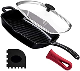 Cast Iron Square Grill Pan with Glass Lid - 10.5 Inch Pre-Seasoned Skillet with Handle Cover and Pan Scraper - Grill, Stovetop, Induction Safe - Indoor and Outdoor Use - for Grilling, Frying, Sauteing