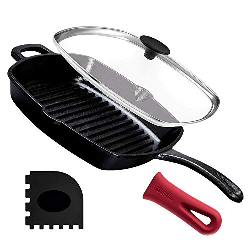 Cast Iron Square Grill Pan with Glass Lid - 10.5 Inch Pre-Seasoned Skillet with Handle Cover and Pan Scraper - Grill, Stovetop, Induction Safe - Indoor and Outdoor Use - for Grilling, Frying, Sauteing