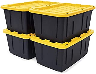 Black & Yellow 27-Gallon Tough Storage Containers with Lids, Stackable, 4 Pack, Black