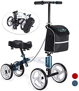 Health Line Massage Products Aluminum Knee Scooter Steerable Knee Walker w/Strong Disc Brake & Bag, Crutches Alternative for Foot Injuries Ankles Surgery, Compact & Portable, Royal Blue & White