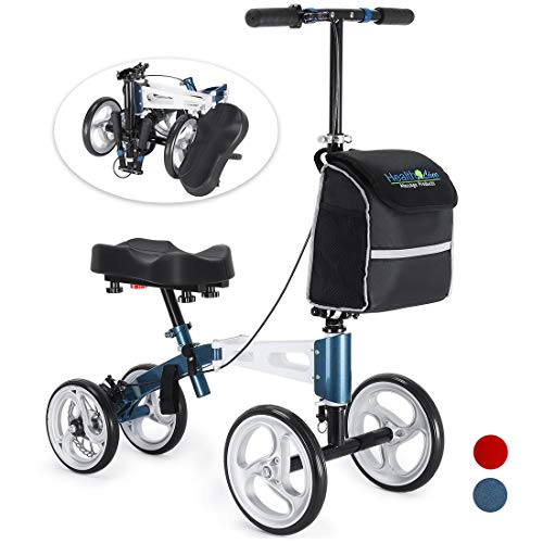 Health Line Massage Products Aluminum Knee Scooter Steerable Knee Walker w/Strong Disc Brake & Bag, Crutches Alternative for Foot Injuries Ankles Surgery, Compact & Portable, Royal Blue & White