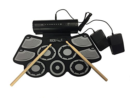 Rock And Roll It - Studio Drum. Flexible, Completely Portable, rechargeable battery (included) OR USB powered drum Attached speaker + 2 Drum Sticks + Bass Drum & Hi hat pedals! MIDI Compatible!