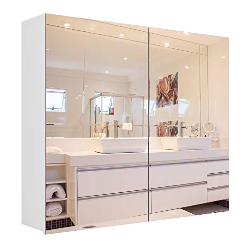 Homfa Bathroom Mirror Cabinet, 27.6 X 23.6 Inch Wall Mounted Medicine Cabinet with Adjustable Shelf, Storage Mirror Cabinet with Double Doors, Recessed or Surface Mounting-White