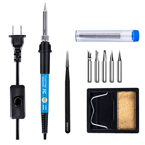 Soldering Iron Kit, 60W Adjustable Temperature Soldering Welding Iron Tool with ON-OFF Switch, 5pcs Soldering Iron Tips, Soldering Iron Stand, Solder Wick, Tweezers