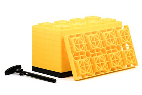 Camco 21023 FasTen 4x2 RV Leveling Block For Dual Tires | Interlocking Design Allows Stacking To Desired Height | Includes Secure T-Handle Carrying System, Yellow (Pack of 10)