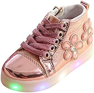 Baby Infant Girls Floral Crystal LED Light Up Boots Running Shoes Kids Zip Luminous Sneaker for 1-6 Year Old