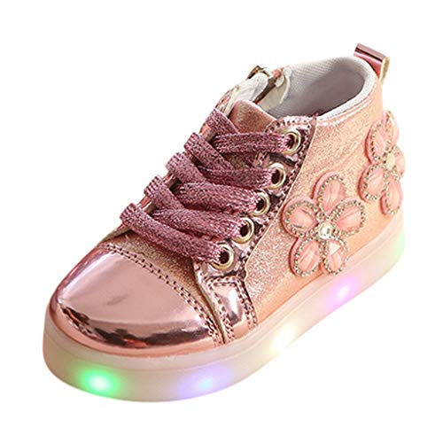 Baby Infant Girls Floral Crystal LED Light Up Boots Running Shoes Kids Zip Luminous Sneaker for 1-6 Year Old