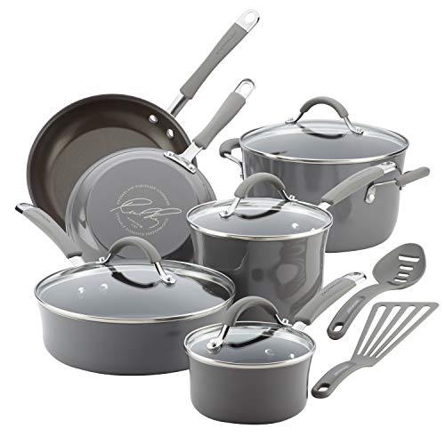 Rachael Ray Cucina Nonstick Cookware Pots and Pans Set, 12 Piece, Sea Salt Gray