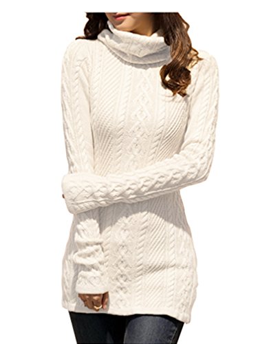 v28 Women Polo Neck Knit Stretchable Elasticity Long Slim Sweater (L,White)