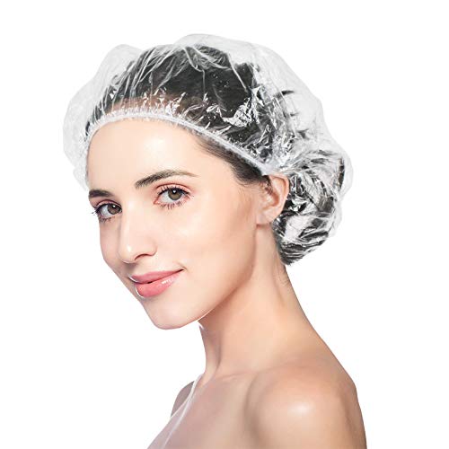 Chrider Shower Cap Disposable, 100 Pcs Shower Caps for Women Larger Thicker Waterproof and Individually Wrapped, Plastic Elastic Hair Bath Caps for Hotel and Spa, Hair Salon, Home Use, Portable Travel