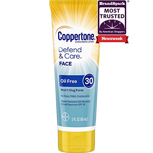 Coppertone Defend & Care Oil Free Sunscreen Face Lotion Broad Spectrum SPF 30 (3 Fluid Ounce) (Packaging may vary)