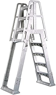 Vinyl Works SLA A-Frame 48-56 Inch Adjustable Above Ground Swimming Pool Ladder Entry System with Slide Lock Barrier and Handrails, White