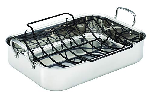 Anolon Triply Clad Stainless Steel Roaster / Roasting Pan with Rack - 17 Inch x 12.5 Inch, Silver