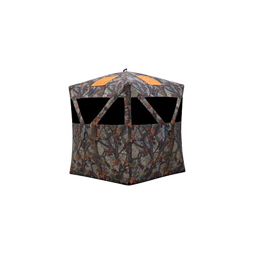 Barronett Blinds Road Runner Hub Hunting Blind, 2 Person Pop Up Ground Blind, Bloodtrail Woodland Camo and Blaze Orange Safety Panels, RR200BT