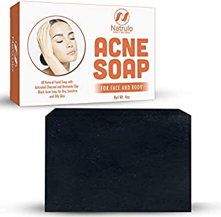 Natrulo Acne Bar Soap with Activated Charcoal & Bentonite Clay - Black Acne Soap for Dry, Sensitive & Oily Skin - All Natural Facial Soap for Pimples & Scars - Homeopathic Acne Treatment Made in USA