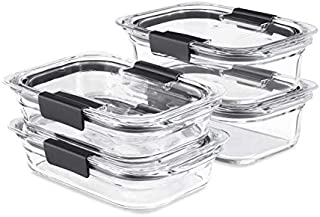 Rubbermaid Brilliance Glass Storage Set of 4 Food Containers with Lids (8 Pieces Total), BPA Free and Leak Proof, Medium, Clear