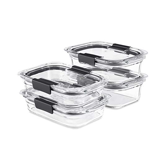 Rubbermaid Brilliance Glass Storage Set of 4 Food Containers with Lids (8 Pieces Total), BPA Free and Leak Proof, Medium, Clear