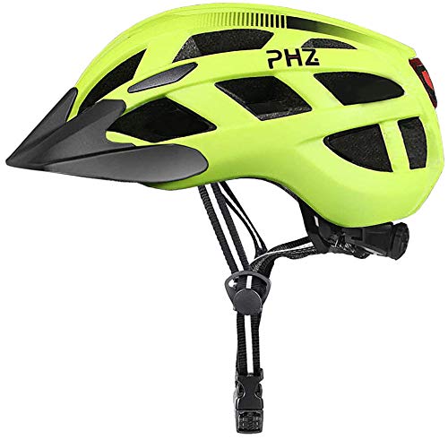 PHZ. Adult Bike Helmet with Rechargeable USB Light, Bicycle Helmet Men Women Road Cycling & Mountain Biking with Detachable Visor (Green, Large)