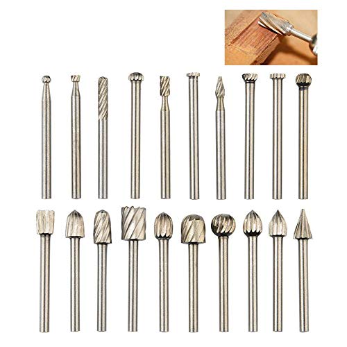 QLOUNI 20pcs Rotary Bit Burrs Set HSS Tungsten Carbide Wood Milling Burrs with 1/8(3mm) Shank for DIY Woodworking, Carving, Engraving, Drilling