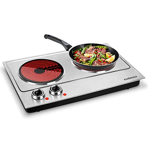 Cusimax Hot Plate, Ceramic Electric Double Burner for Cooking, 1800W Infrared Cooktop, Glass Electric Stove with Adjustable Temperature, Stainless Steel Upgraded Version, Compatible w/All Cookware