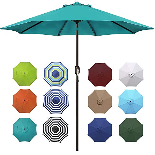 Blissun 9' Outdoor Aluminum Patio Umbrella, Market Striped Umbrella with Push Button Tilt and Crank (Cerulean)