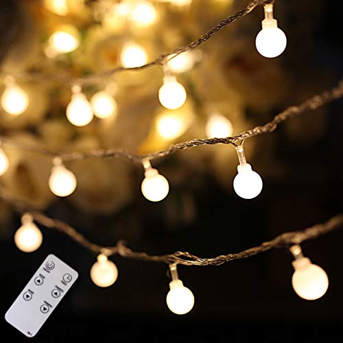 Globe String Lights Outdoor with Remote, 49 ft 100 Led Fairy Lights Extendable Twinkle Lights for Wedding Bedroom Balcony Wall Patio Xmas Tree New Year Decor, Warm White