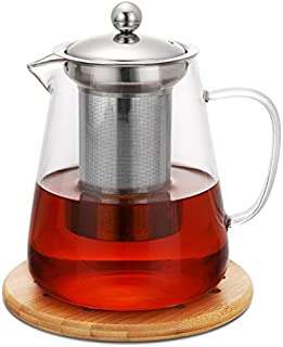 Hiware 32oz Stovetop Safe Glass Teapot with Removable Infuser - Lead-Free Glass Tea Kettle, Tea Strainer, Clear Tea Pot for Loose Leaf Tea, Blooming Tea, Tea Bags - Coaster and Warmer Sleeve