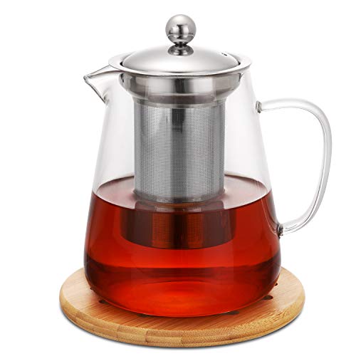 Hiware 32oz Stovetop Safe Glass Teapot with Removable Infuser - Lead-Free Glass Tea Kettle, Tea Strainer, Clear Tea Pot for Loose Leaf Tea, Blooming Tea, Tea Bags - Coaster and Warmer Sleeve